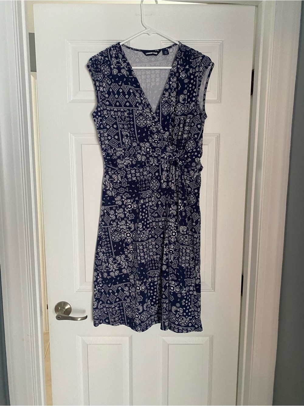 Lands' End Navy Blue and White Printed Midi Dress